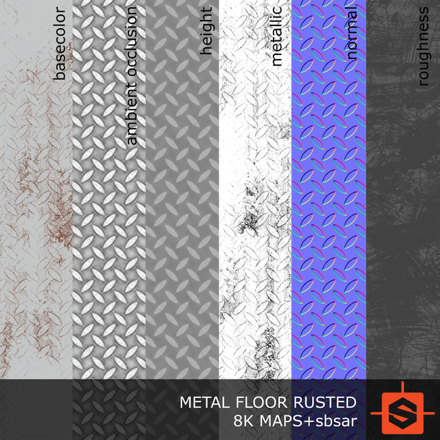 PBR substance material of metal floor rusted created in substance designer for graphic designers and game developers.