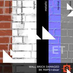 PBR substance material of wall brick damaged created in substance designer for graphic designers and game developers.