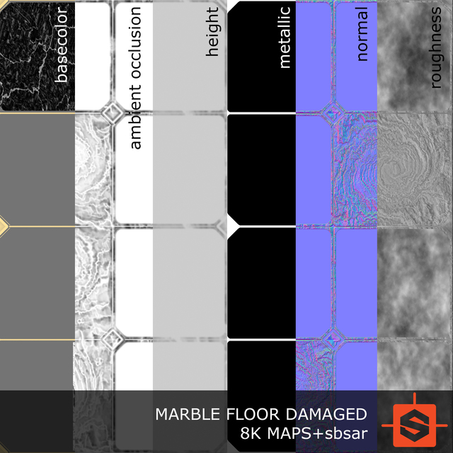 PBR substance material of marble floor damaged created in substance designer for graphic designers and game developers