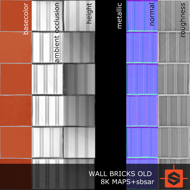 PBR substance material of wall bricks old created in substance designer for graphic designers and game developers